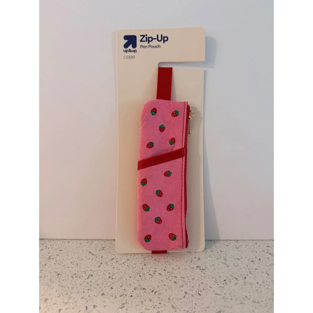 Up & Up Pink Strawberry Zip-Up Pen Pouch Elastic Band Planner Case 081-01-1372